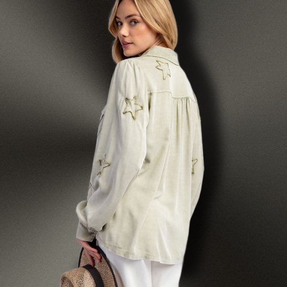 EASEL "STAR STRUCK" Super Soft Mineral Wash Lightweight Shirt, Embroidered Stars - Picture 2 of 16